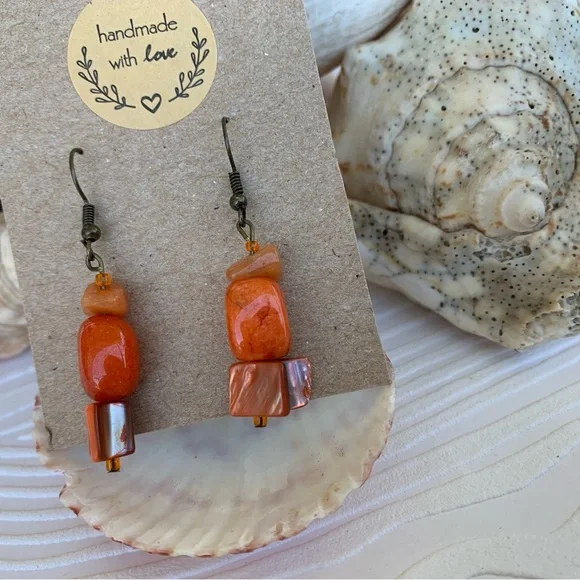 Drop Earrings Orange Tones Handcrafted Mixed Beads and Shell Materials Boho Chic - Picture 9 of 10